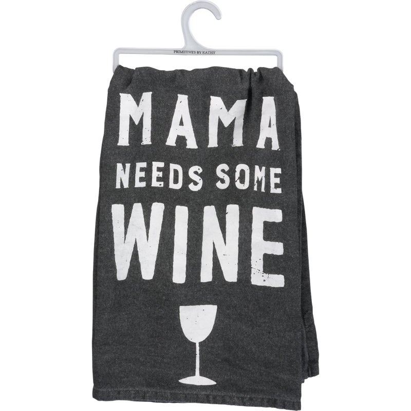 Primitives by Kathy 31469 Black Cotton Dish Towel, Tea, Mama Needs Some Wine - Image 1